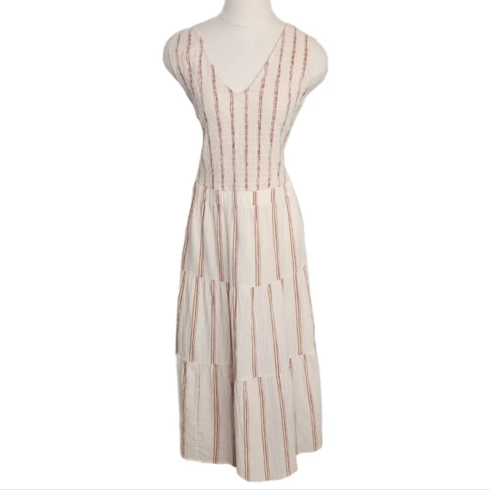 Wonderly Dress Cotton Striped Midi Smocked Bodice & Back Tie Neck Cream Size XL - Picture 5 of 14
